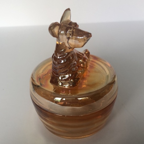 Jeanette Glass Iridescent Marigold Glass Scottie Dog Trinket Jar - Picture 4 of 13